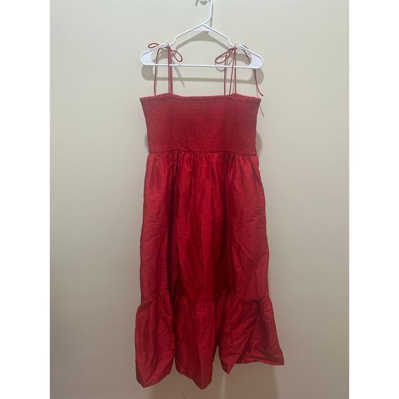 Dhruv Kapoor Sz L Anthropologie Smocked Cerise Dress Red Tiered Long - Nice! - Picture 6 of 8